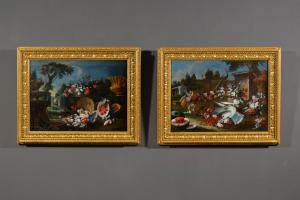 Pair of paintings depicting still lifes with flower and watermelon composition and garden in the background, Francesco Lavagna (Naples 1684-1724)